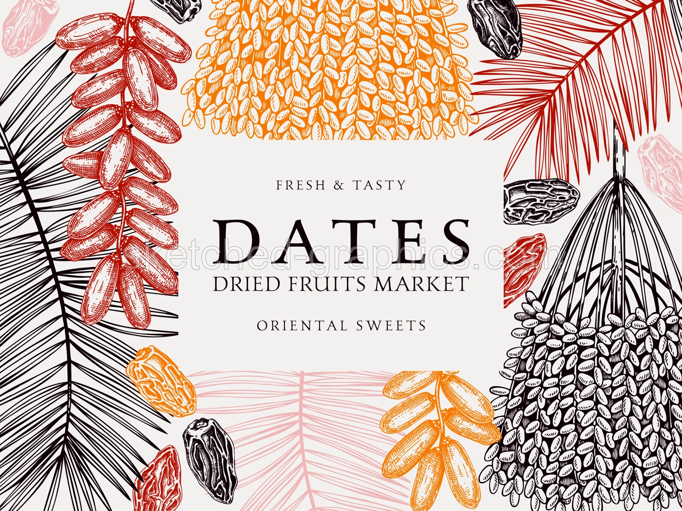 Hand drawn  frame design with date palm leaves and dried fruits sketches in engraved style. Sketched vegan food ingredients vector background. Oriental sweets - dried dates banner template in color Illustration
